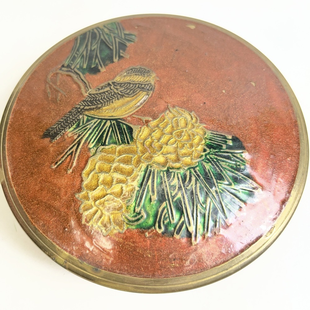 Vintage Made in India Brass Enamel Trinket Box Bird